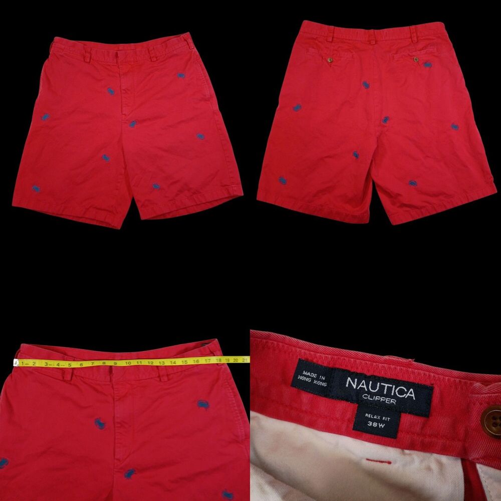 Vintage Y2K Nautica Shorts Mens 38W Red, Blue Crab Clipper Outdoors 100% Cotton